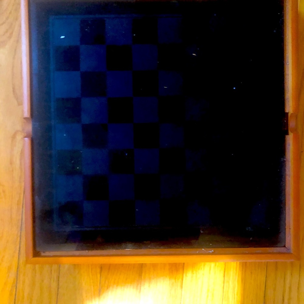 Chess checkers backgammon cribbage set glass black great condition